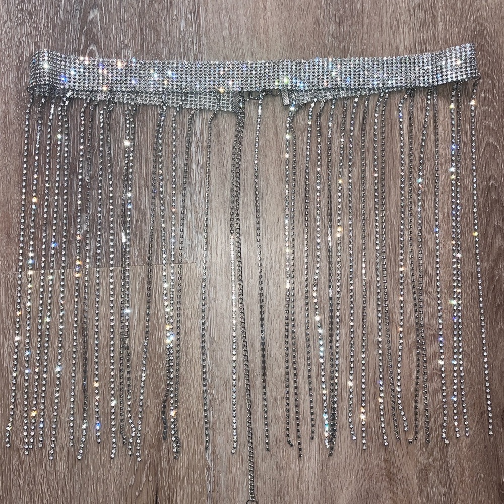 Altar’d State Silver Rhinestone Fringe Belt